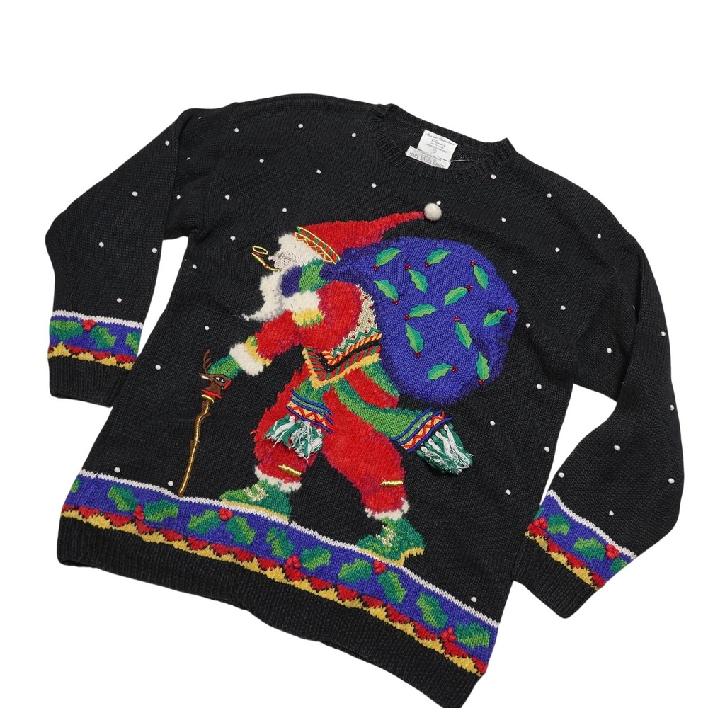 Vintage Marisa Christina Sweater Womens Large Black Santa Christmas Engelbreit